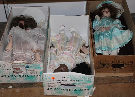 3 English handmade Evergreen collectors dolls, toddler size, one black, 2 in Edwardian costume (minor refurbishment required)(-)